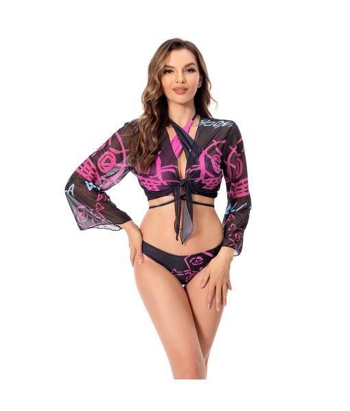 Women Black Shawl Printed 2 Pcs Swimsuit Halloween Costume