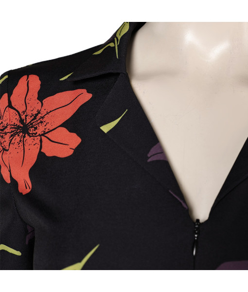 Women 90s Retro Black  Jumpsuit Flower Printed Halloween Costume