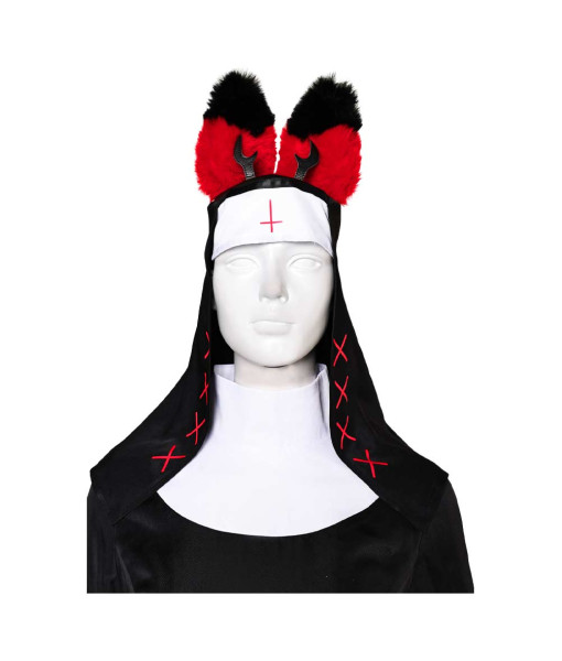 Women Dark Nun Full Set Outfits Red Ears Furry Halloween Costume