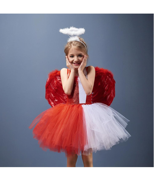 Girl Kids Children Red White Angel Wings Tutu Skirt Costume