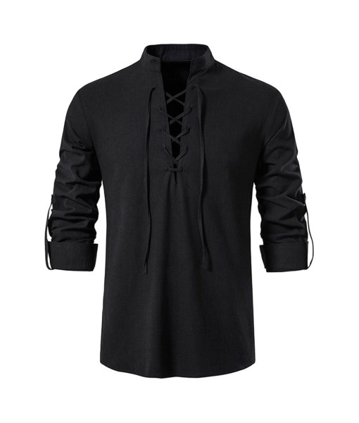 Men Long Sleeve Vintage Viking Lace Up Shirt Halloween Costume
