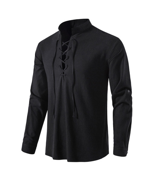 Men Long Sleeve Vintage Viking Lace Up Shirt Halloween Costume