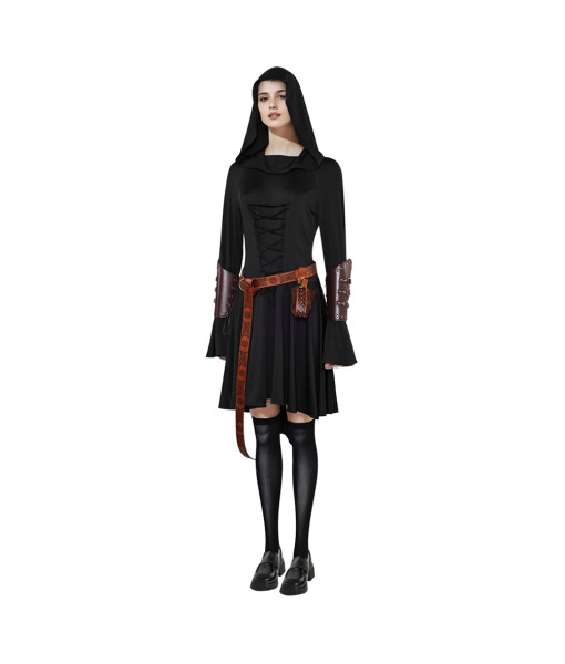 Women Medieval Hooded Black Dress Full Set Halloween Costume