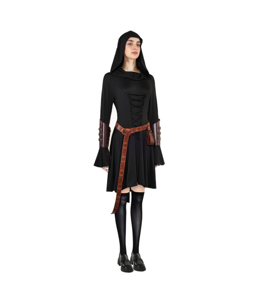 Women Medieval Hooded Black Dress Full Set Halloween Costume