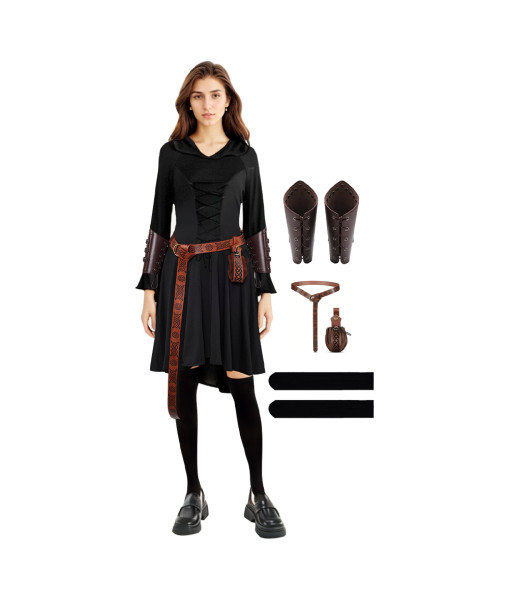 Women Medieval Hooded Black Dress Full Set Halloween Costume