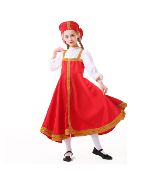 Kids Children Red Russian National Dress Halloween Costume 