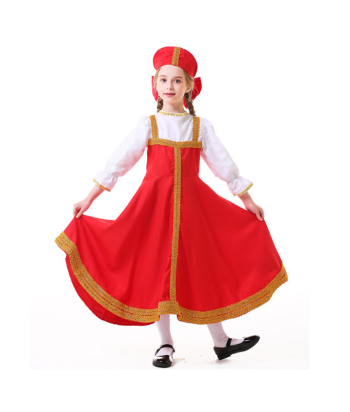 Kids Children Red Russian National Dress Halloween Costume 