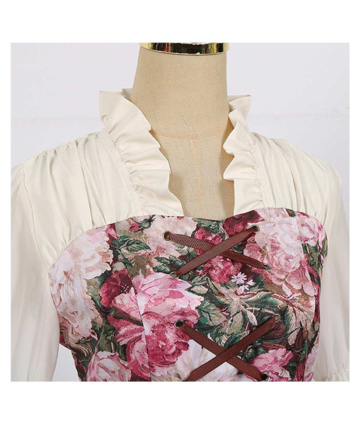 Women Medieval Beige Floral Palace Long Dress Halloween Costume