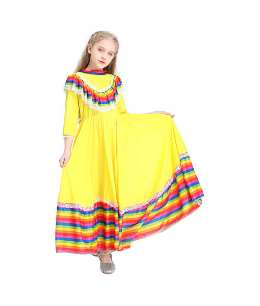 Kids Children Yellow Mexican Girl Long Skirt Halloween Cosplay Costume