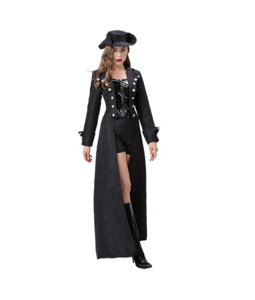 Women Black  Long Cardigan Pirate Role Play Steampunk Style Halloween Costume