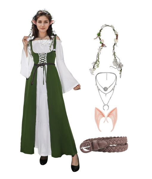 Women Medieval Renaissance Green Dress 6 Pcs Set Halloween Costume