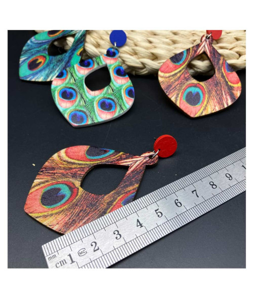 Adult Bohemian Ethnic Peacock Feather Wooden Long Earrings Halloween Costume Accessories