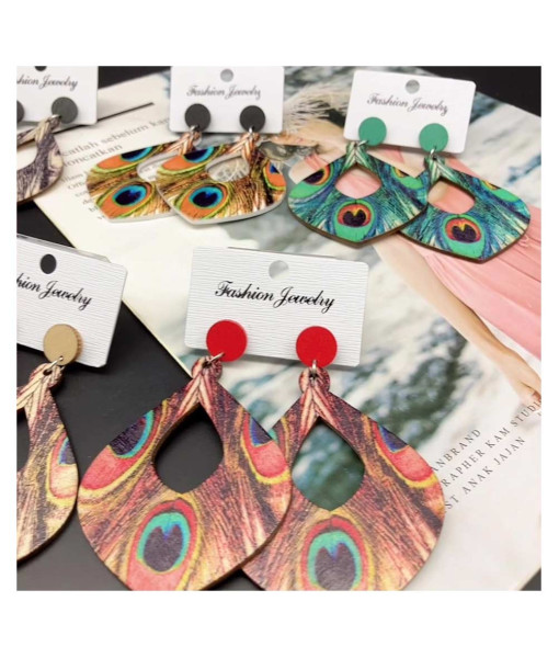 Adult Bohemian Ethnic Peacock Feather Wooden Long Earrings Halloween Costume Accessories