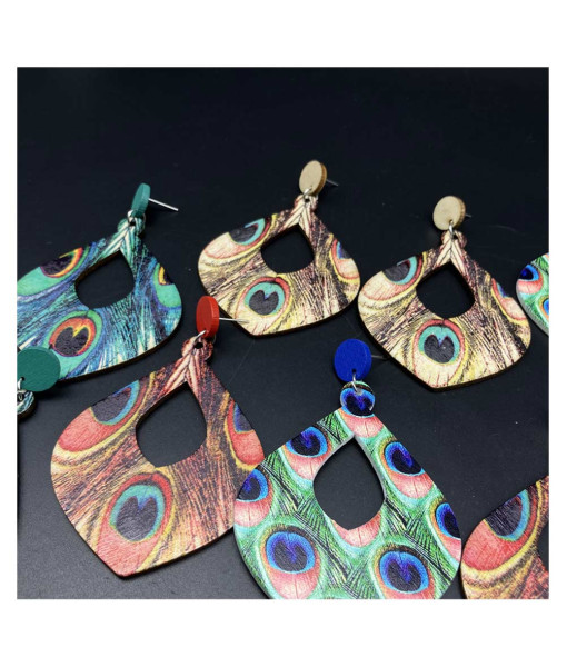 Adult Bohemian Ethnic Peacock Feather Wooden Long Earrings Halloween Costume Accessories