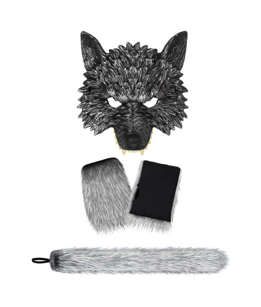 Grey Wolf Mask Gloves Tail Set Masquerade Party Hallowee Costume