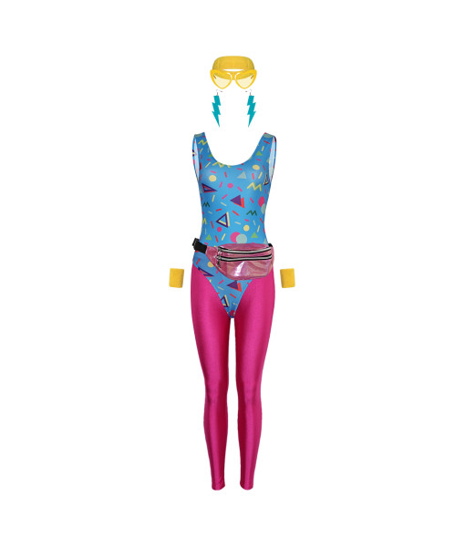 1980s Retro Fitness Blue Jumpsuit 7Pcs Set Halloween Costume