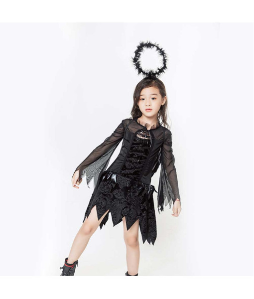 Kids Children Black Angel Outfit Halloween Costume