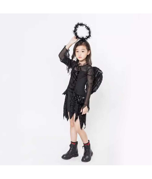 Kids Children Black Angel Outfit Halloween Costume