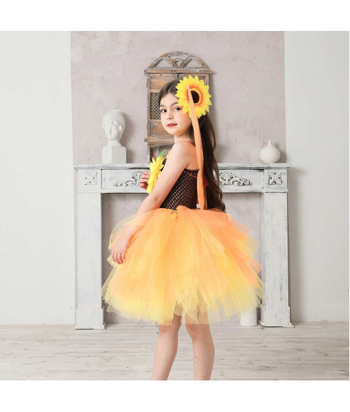 Kids Children Yellow Sunflower Tutu Skirt Dress Halloween Cosplay Costume
