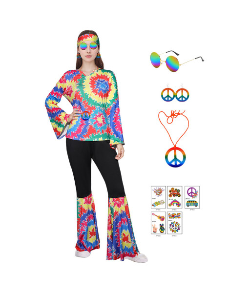 Women 70s Hippie Retro Pattern Suit 7Pcs Set Halloween Costume