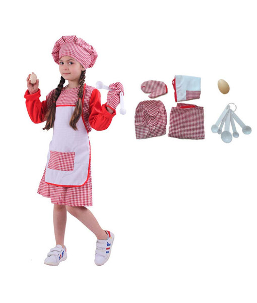 Kids Children Girl Red Flannel Chef Halloween Cosplay Costume
