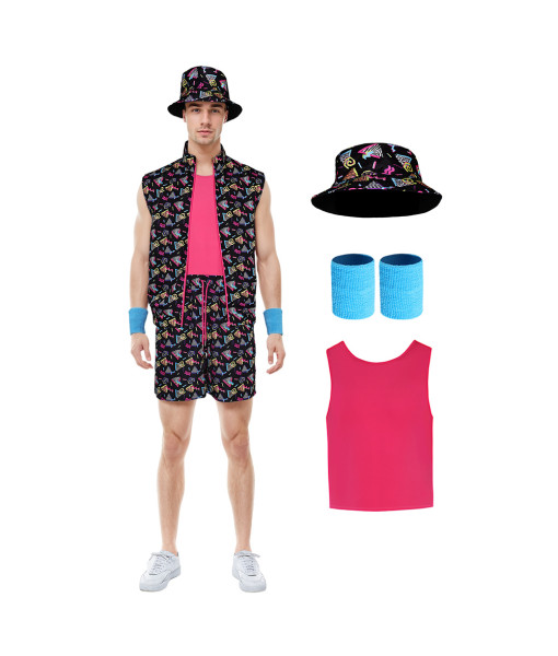 Men 80s Retro Black Printed 6 Pcs Suit Set Halloween Costume