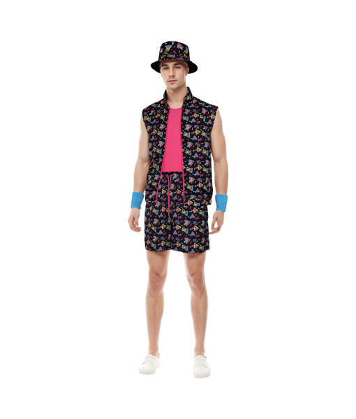 Men 80s Retro Black Printed 6 Pcs Suit Set Halloween Costume