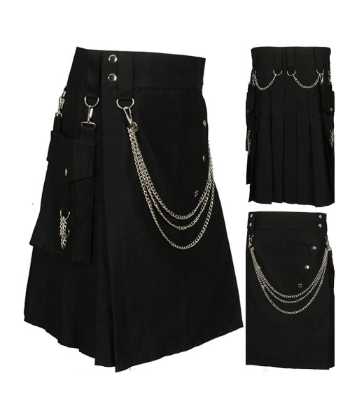 Men Black Scottish Kilt Chain Skirt Halloween Costume