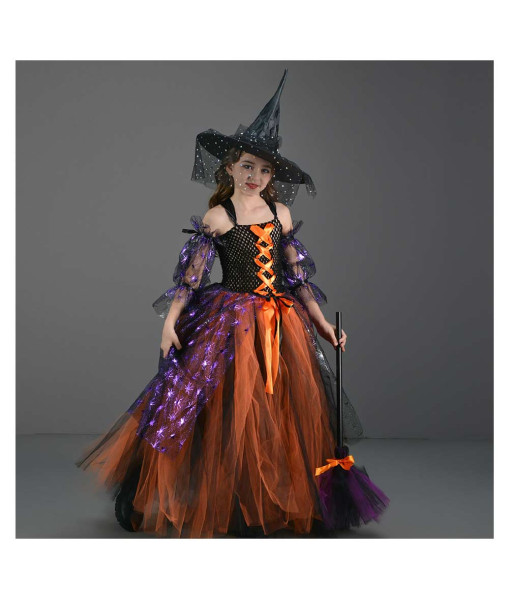 Kids Children Girl Witch Tutu Long Dress Set Halloween Costume