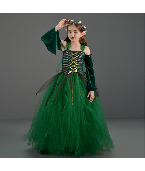 Elf Green Dress Tutu Skirt Fantasy Kids Halloween Costume