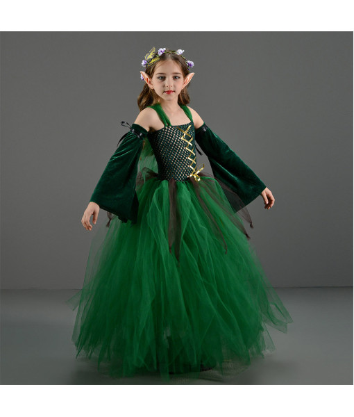 Elf Green Dress Tutu Skirt Fantasy Kids Halloween Costume