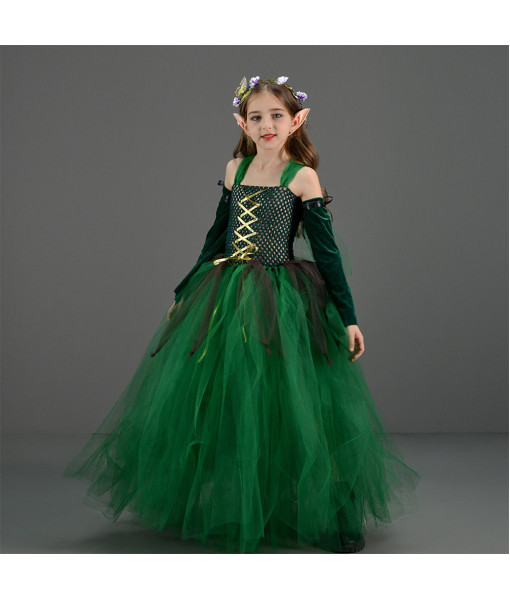 Elf Green Dress Tutu Skirt Fantasy Kids Halloween Costume