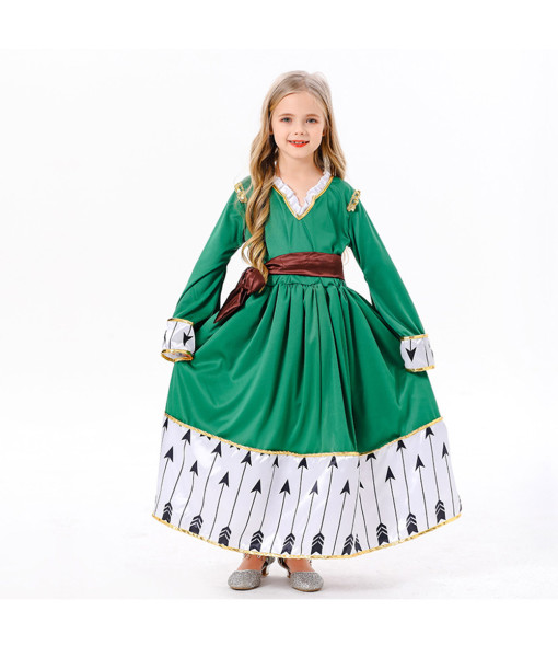 Kids Children Medieval Dress Arrow Pattern Green Outfit Halloween Costume