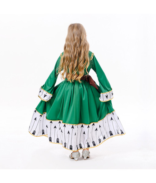 Kids Children Medieval Dress Arrow Pattern Green Outfit Halloween Costume