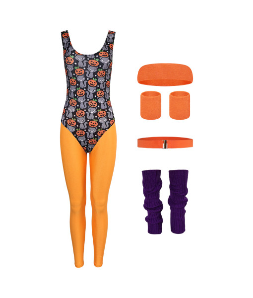 1980s Fitness Orange Printed Jumpsuit 6Pcs Set Women Halloween Costume