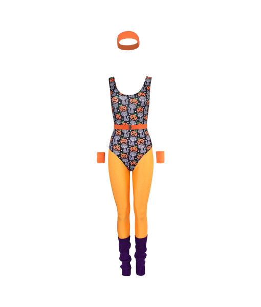 1980s Fitness Orange Printed Jumpsuit 6Pcs Set Women Halloween Costume