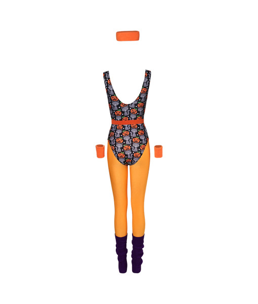 1980s Fitness Orange Printed Jumpsuit 6Pcs Set Women Halloween Costume