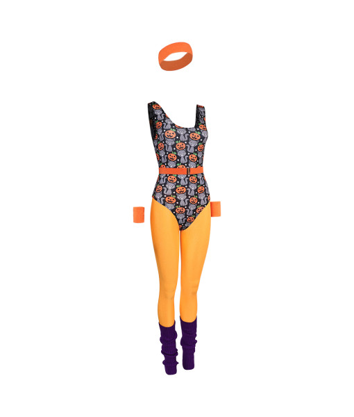 1980s Fitness Orange Printed Jumpsuit 6Pcs Set Women Halloween Costume