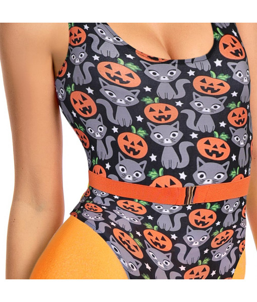 1980s Fitness Orange Printed Jumpsuit 6Pcs Set Women Halloween Costume