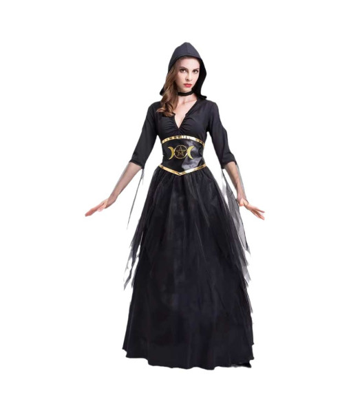Women Black V-Neck Long Dress Vampire Witch Fantasy Halloween Costume