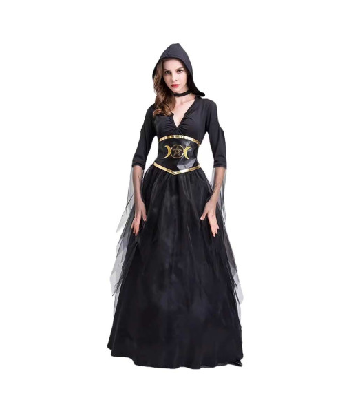 Women Black V-Neck Long Dress Vampire Witch Fantasy Halloween Costume