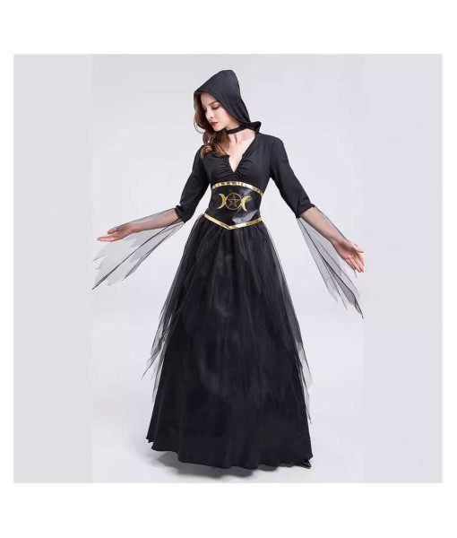 Women Black V-Neck Long Dress Vampire Witch Fantasy Halloween Costume