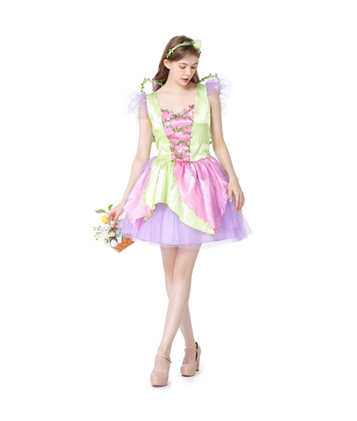 Women Green Dress Fairy Flower Fullset Halloween Stage Costume