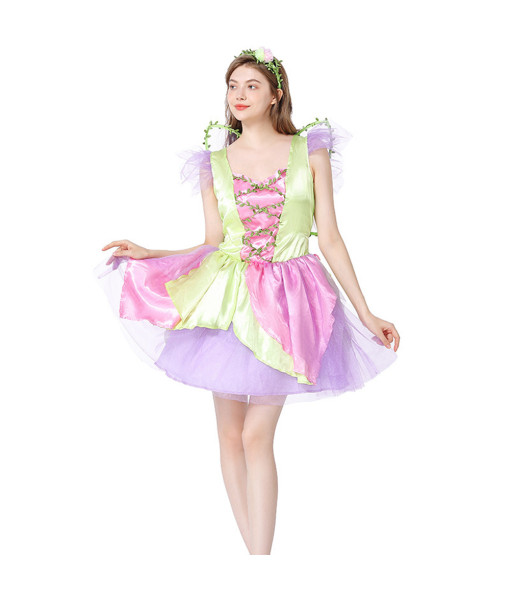 Women Green Dress Fairy Flower Fullset Halloween Stage Costume