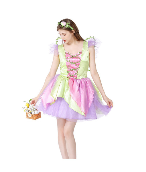 Women Green Dress Fairy Flower Fullset Halloween Stage Costume