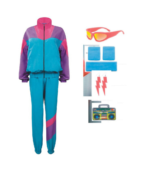 1980s Hip-Hop Retro Blue Purple Sportwear 8Pcs Women Halloween Costume