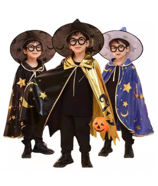 Kids Children Star Moon Golden Black Cloak Wizard Mage Cape Halloween Costume