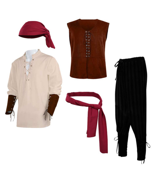 Adult 18th Century Red Black Pants Fullset Pirate Cosplay Halloween Costume