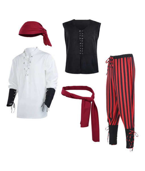 Adult 18th Century Red Black Pants Fullset Pirate Cosplay Halloween Costume