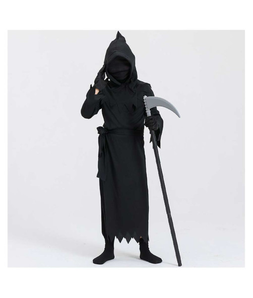 Kids Children Black Robe Hooded Grim Reaper Fullset Halloween Costume